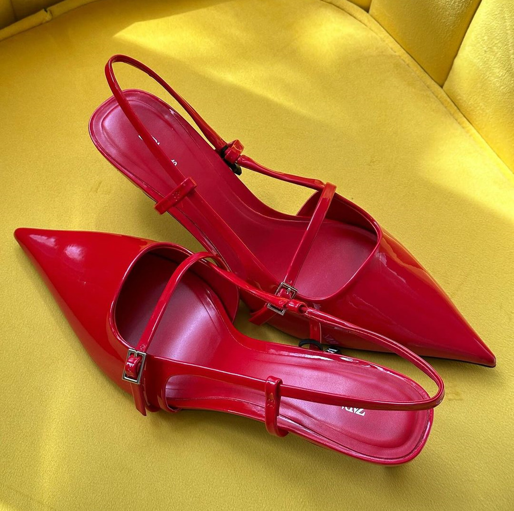 Zara NWT Red Patent Pointed Toe Slingback Kitten Heels 7.5